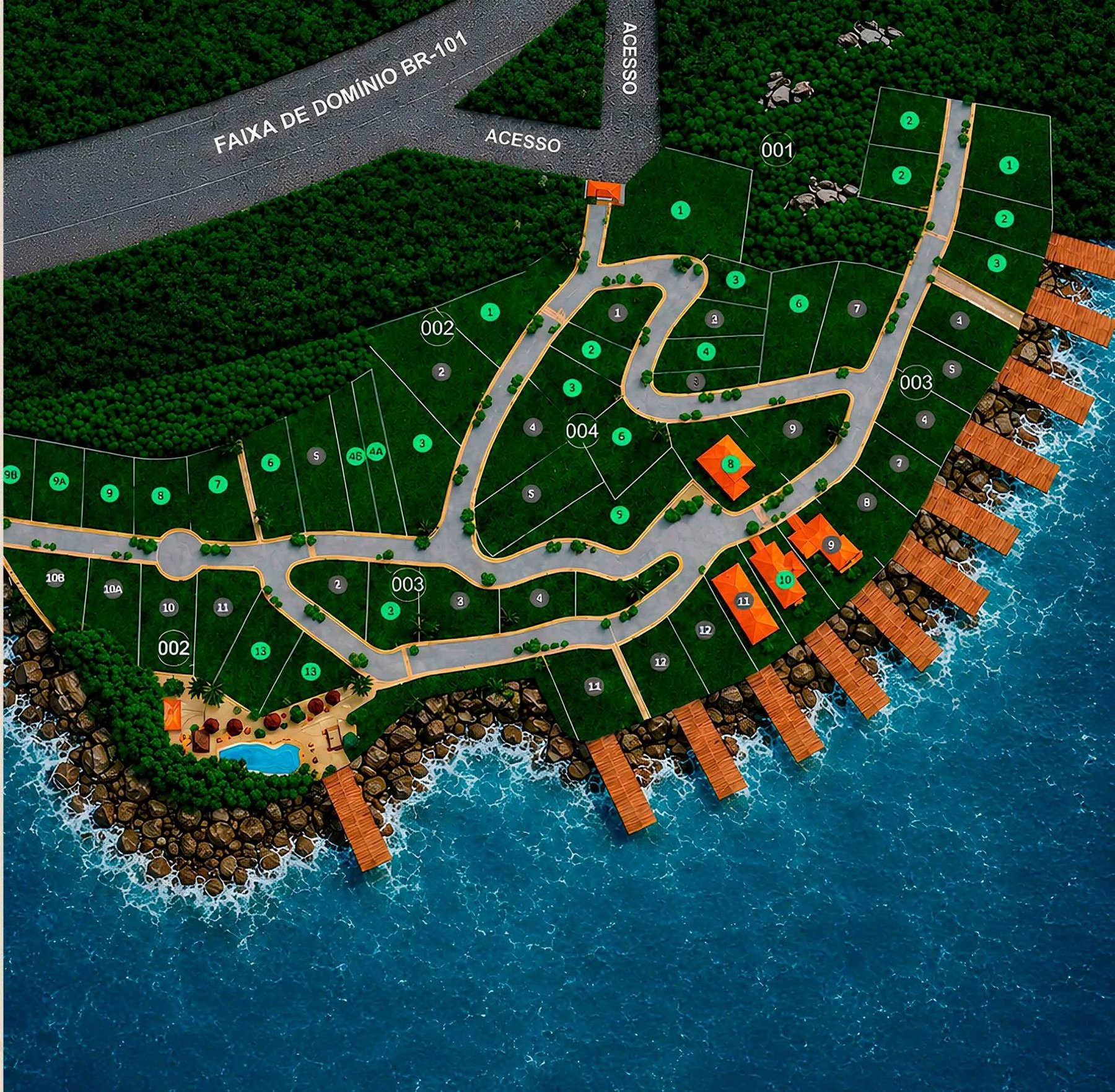 Masterplan do Pontal do Arpoador com a distribuição dos 54 lotes à beira-mar.